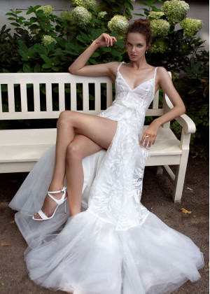Ivory Wrapped Lace Tulle Slit Wedding Dress Ivory Wrapped Lace Tulle Slit Wedding Dress